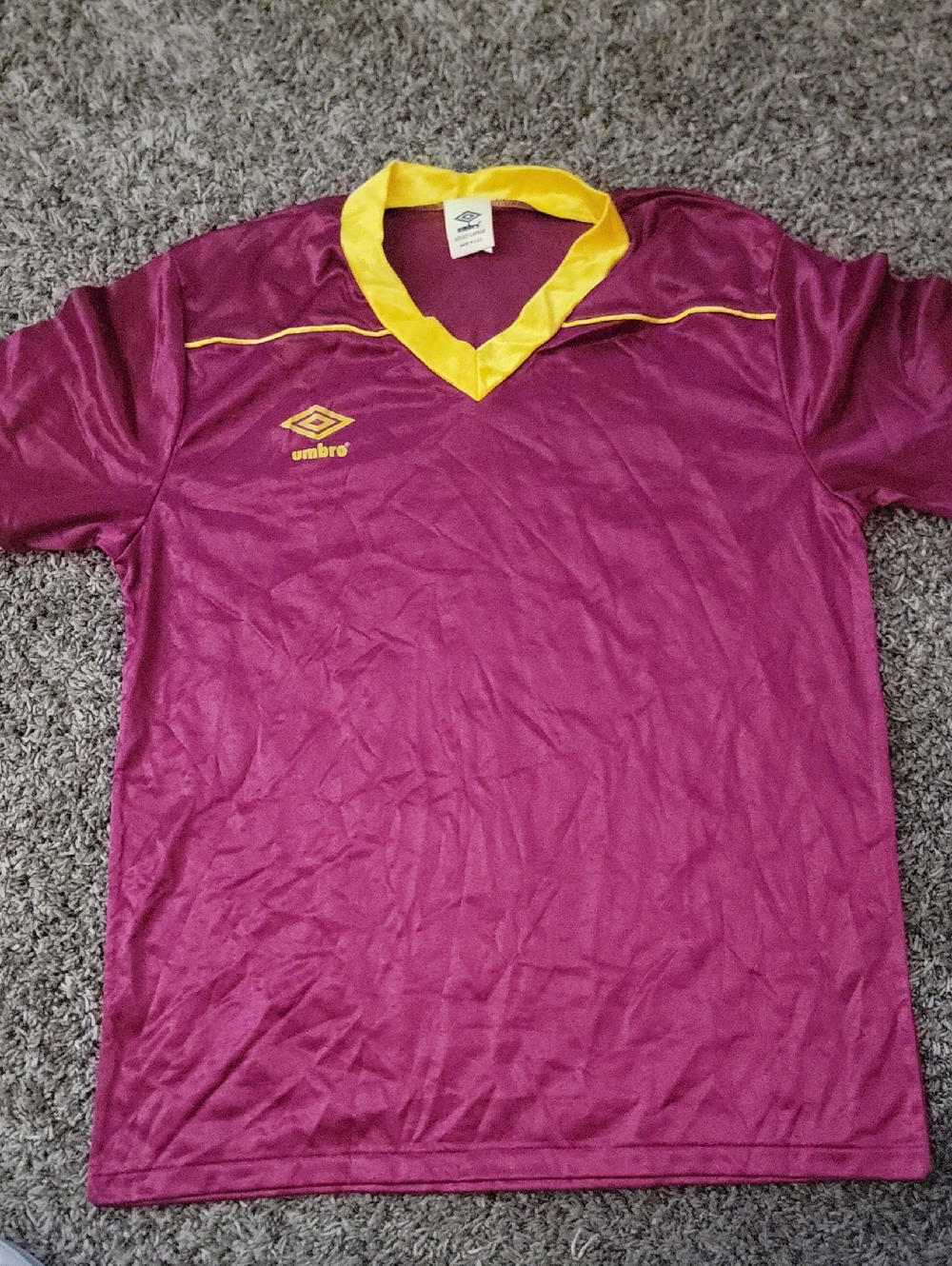 Umbro Vintage 1978/79 Maroon and Yellow V‑Neck Soccer Shirt